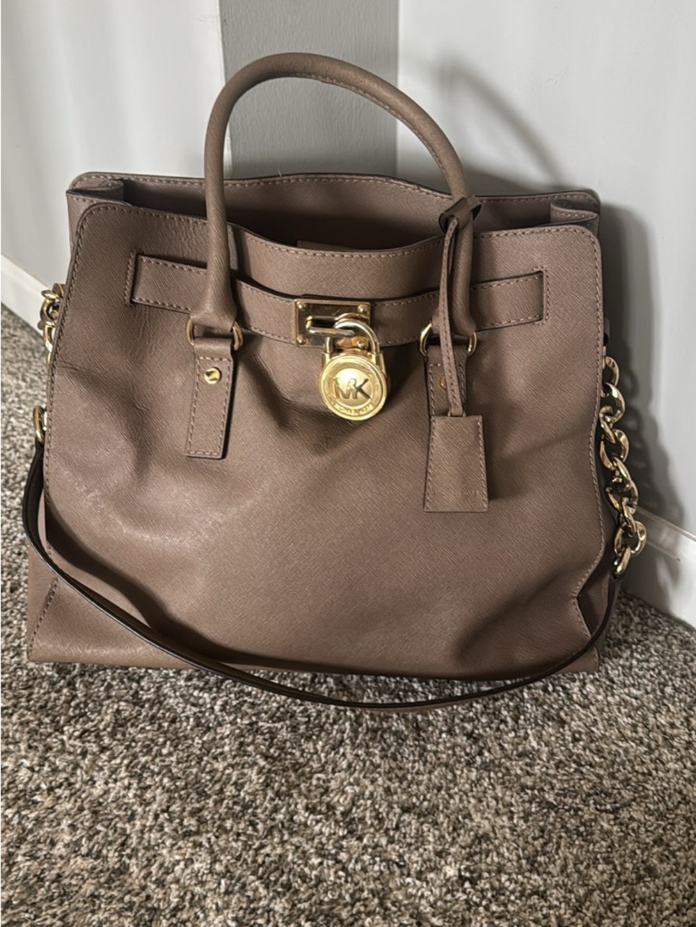 Michael Kors Taupe Saffiano Satchel with Gold Hardware